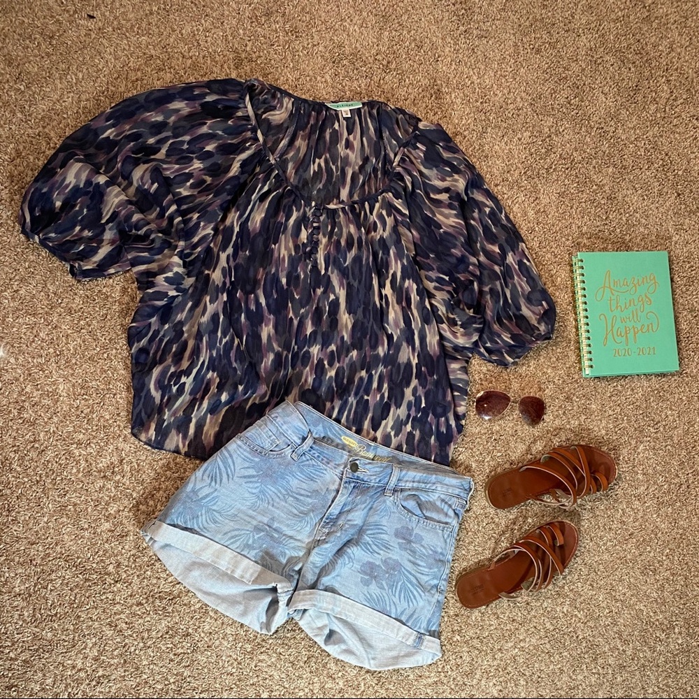 Pleione Blue Patterned Butterfly Sheer Top